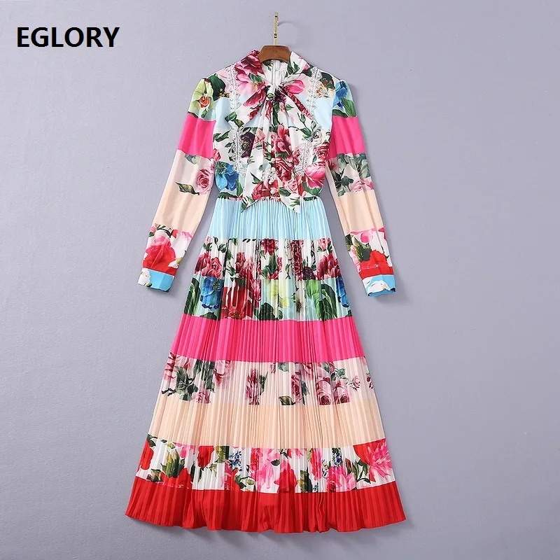 

Top Quality New 2021 Spring Summer Dress Women Bow Collar Charming Rose Floral Print Lace Beading Deco Long Sleeve Pleated Dress