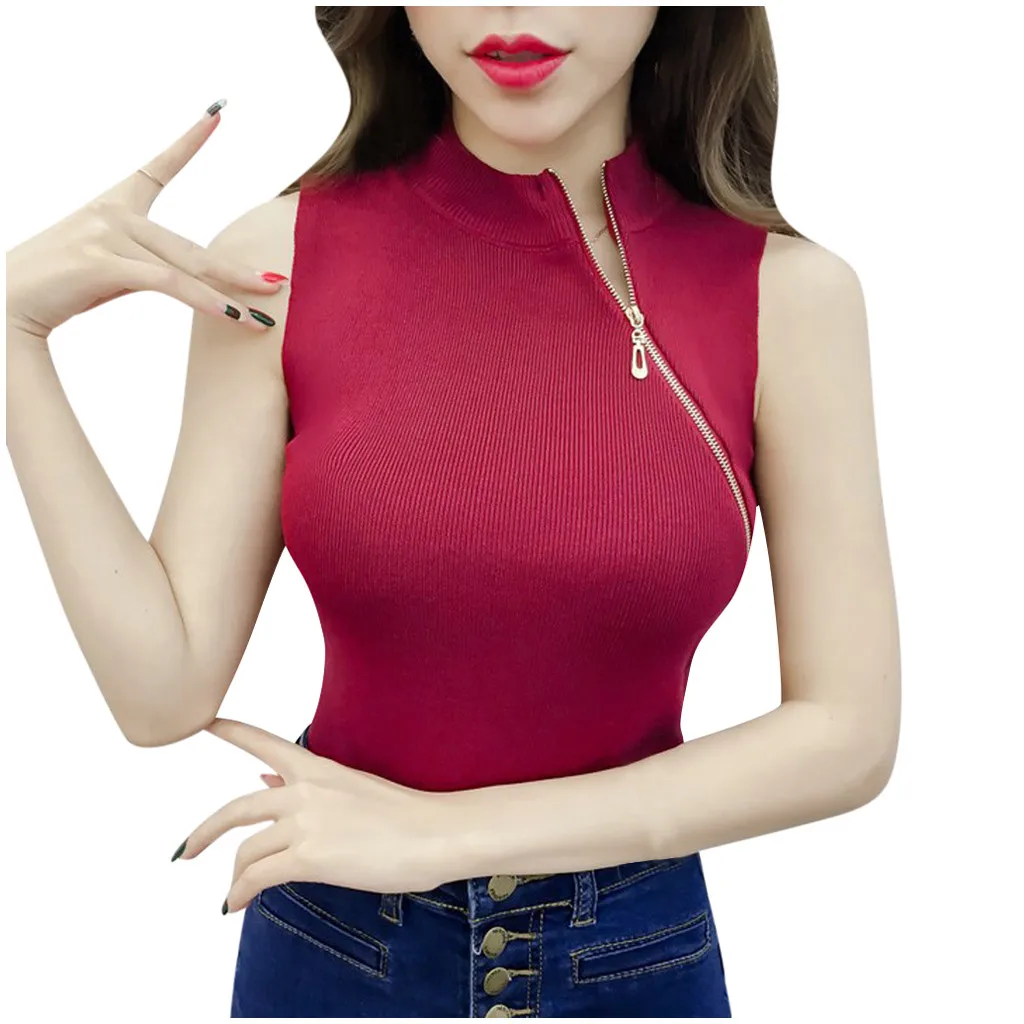 Женский вязаный жилет на молнии элегантный однотонный облегающий Топ без