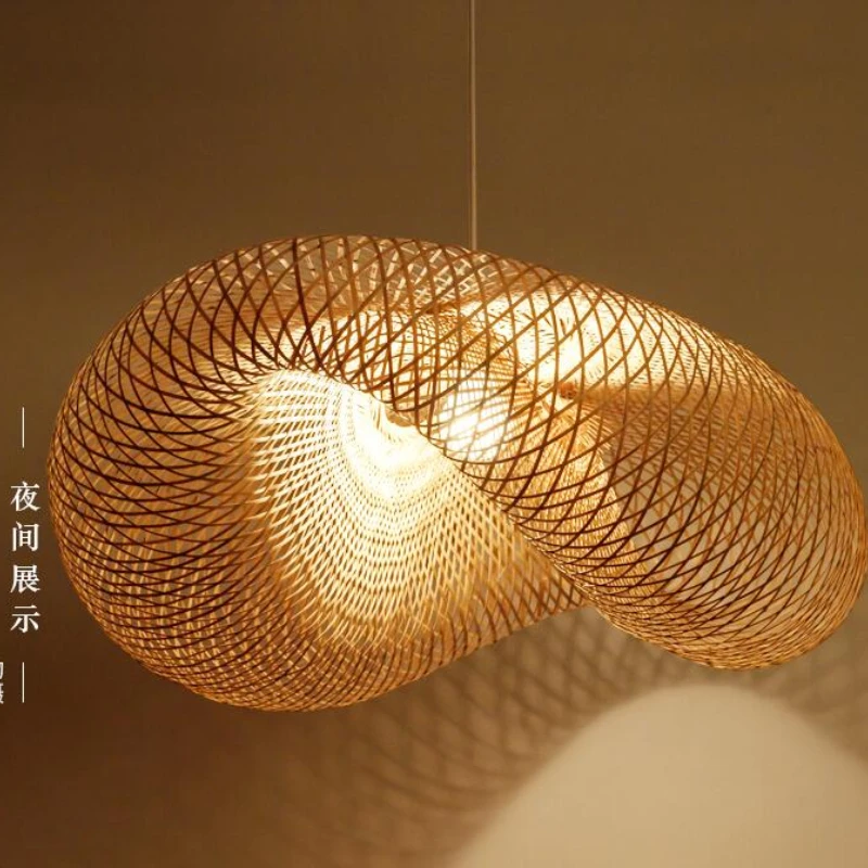 Бамбуковая плетеная Подвесная лампа из ротанга с волнистым абажуром винтажный