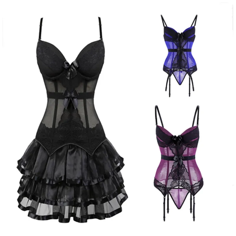 

Fashion Burlesque Corset Dress With Straps Gothic Bustier Corselet Skirt Set Tutu Victorian Korsett For Women Vintage Costume