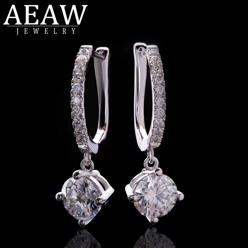 

AEAW Solid 14k White Gold 5mm 0.5ct Total1.3ctw Round Cut Bridal Dangle Moissanite Drop Earrings For Women