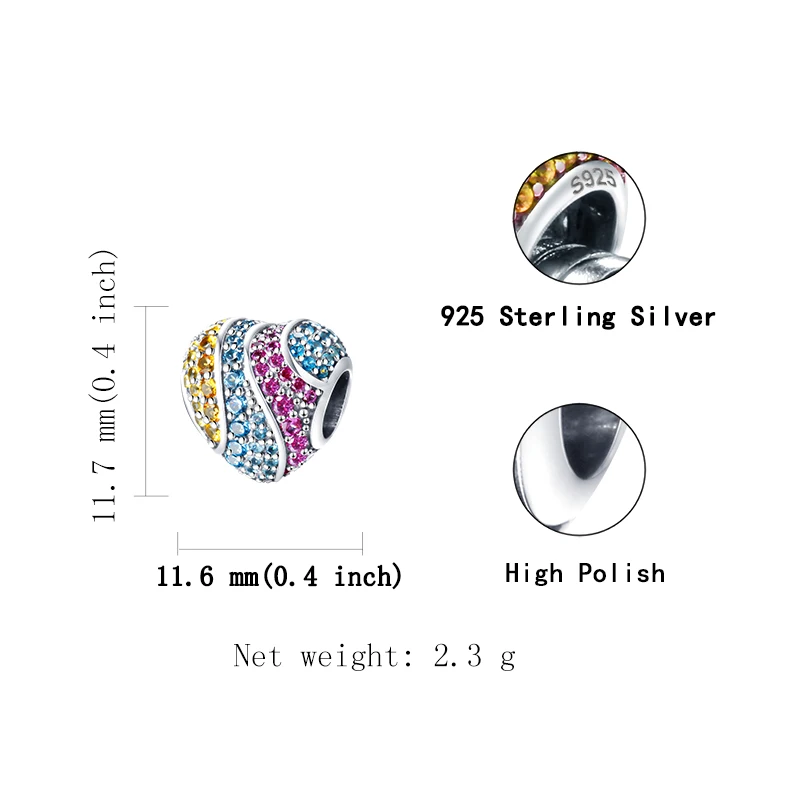 

New Arrival 925 Sterling Silver Heart Shape Beads with Colored Cz Fit European Charms Bracelet Diy Jewelry Making for Women Gift