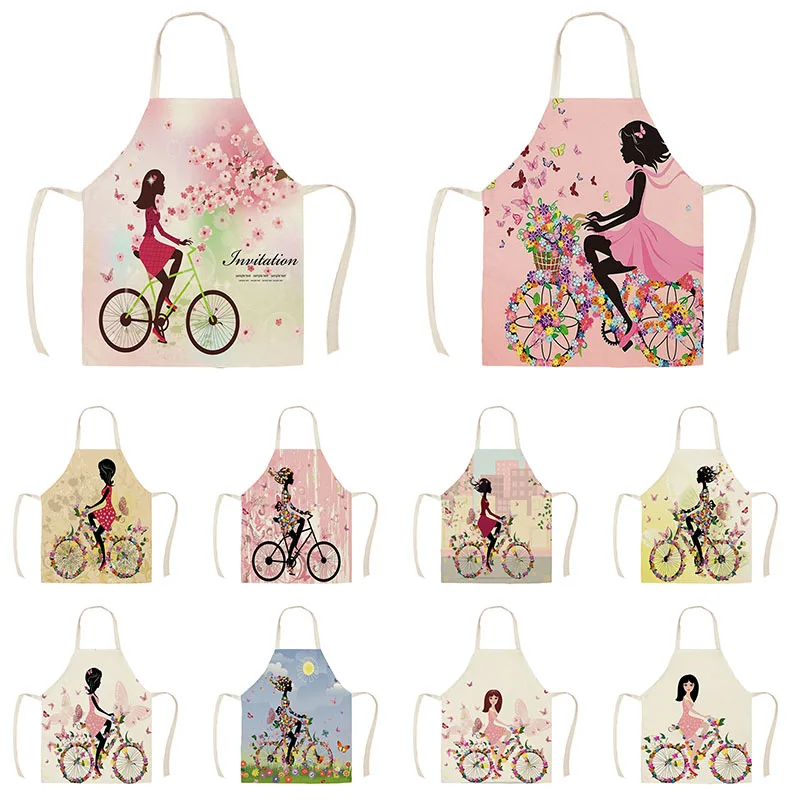 Льняные фартуки с цветочной бабочкой для девушек на велосипеде Кухонные принтом