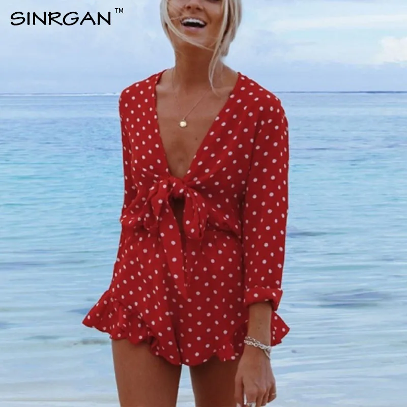 Женский красный комбинезон в горошек SINRGAN повседневный пляжный с бантом и
