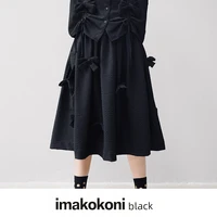 imakokoni black original pure color wild tie bow pleated heavy skirt 321001