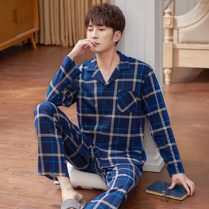 

Pajamas British Style Plaid Men Spring And Autumn Pure Cotton Long Sleeve Men'S Tracksuit Plus-Sized Leisure Suit Home Wear