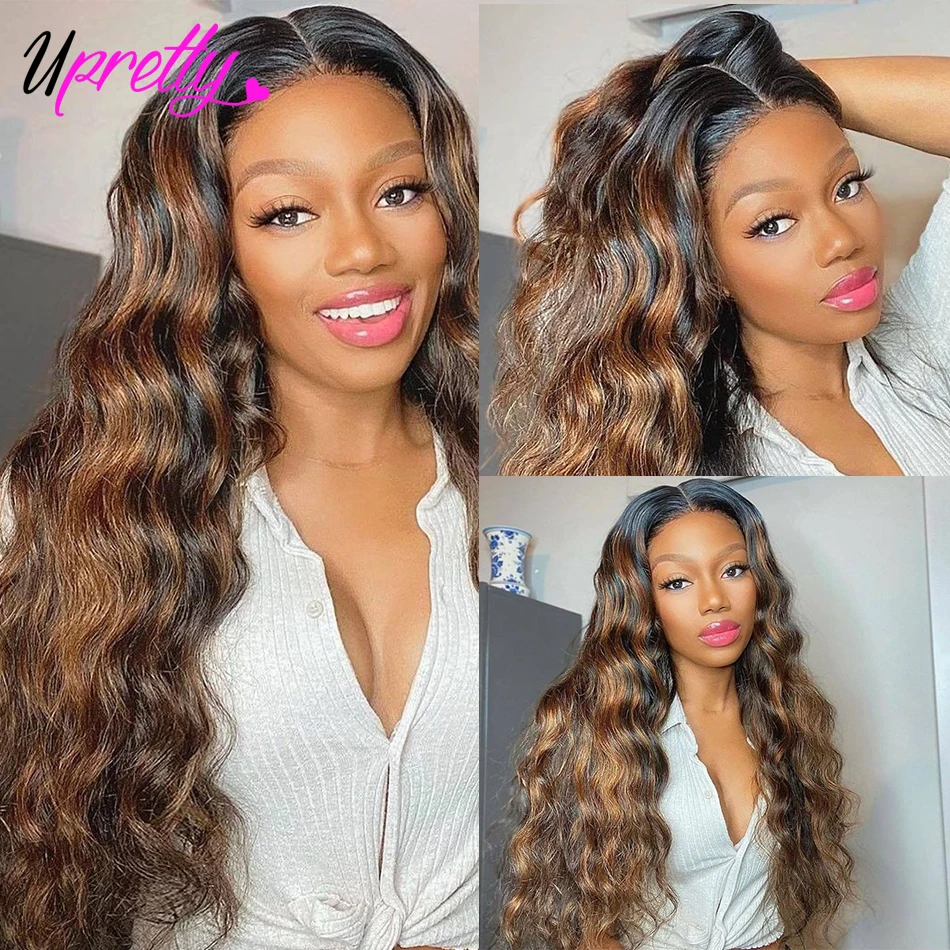 Upretty Honey Blonde Highlight Wig Brown Red Lace Front 13x4 Brazilian Body Wave Frontal 1B 30 Ombre Human hair | Шиньоны и парики