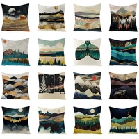 decorative cushion cover geometry pillowcase abstract landscape and moon oil painting linen pillow cover turquoise home decor