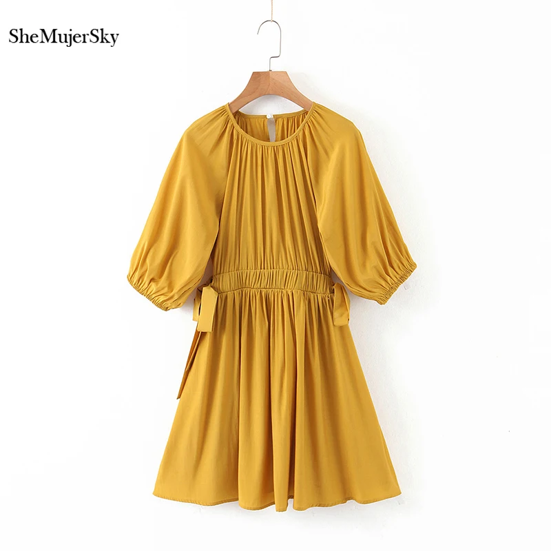 

SheMujerSky летнее женское желтое платье с круглым вырезом и коротким рукавом, мини-платье 2020, бандажные однотонные платья с поясом, платья