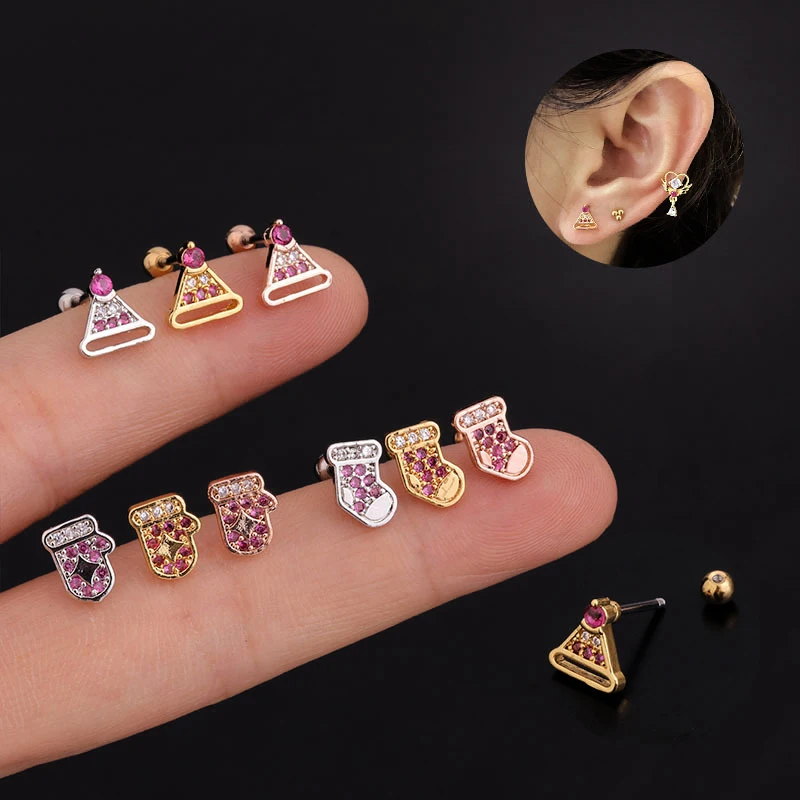 

1PC Christmas Ear Piercing Studs Helix Earring hat gloves socks Surgical Steel Stud Earrings Tiny Cartilage Piercing Jewelry 20G