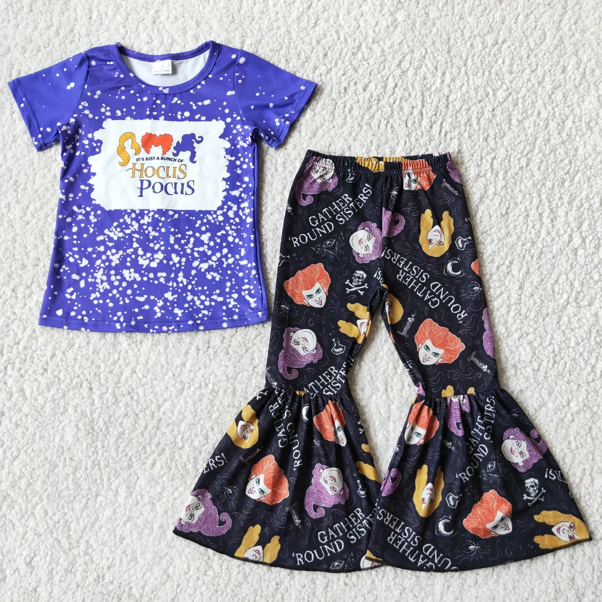 

Baby Girls Witches Villain Outfits Kids Boutique Wholesale Short Sleeves Top Printed Pants Children Clothing Fashion Purple Sets