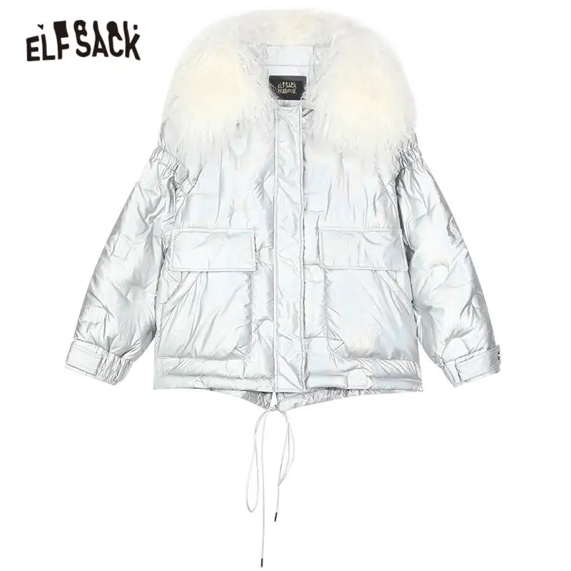 

ELFSACK White Solid Oversize 90% White Duck Down Coat Women,2020 Winter ELF Pocket Fur Collar Korean Ladies Warm Daily Outwear
