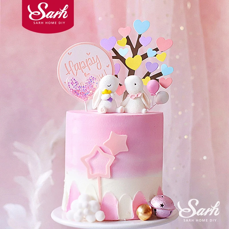 Кролик пара кролик украшение на день рождения сердце дерево розовый торт топпер