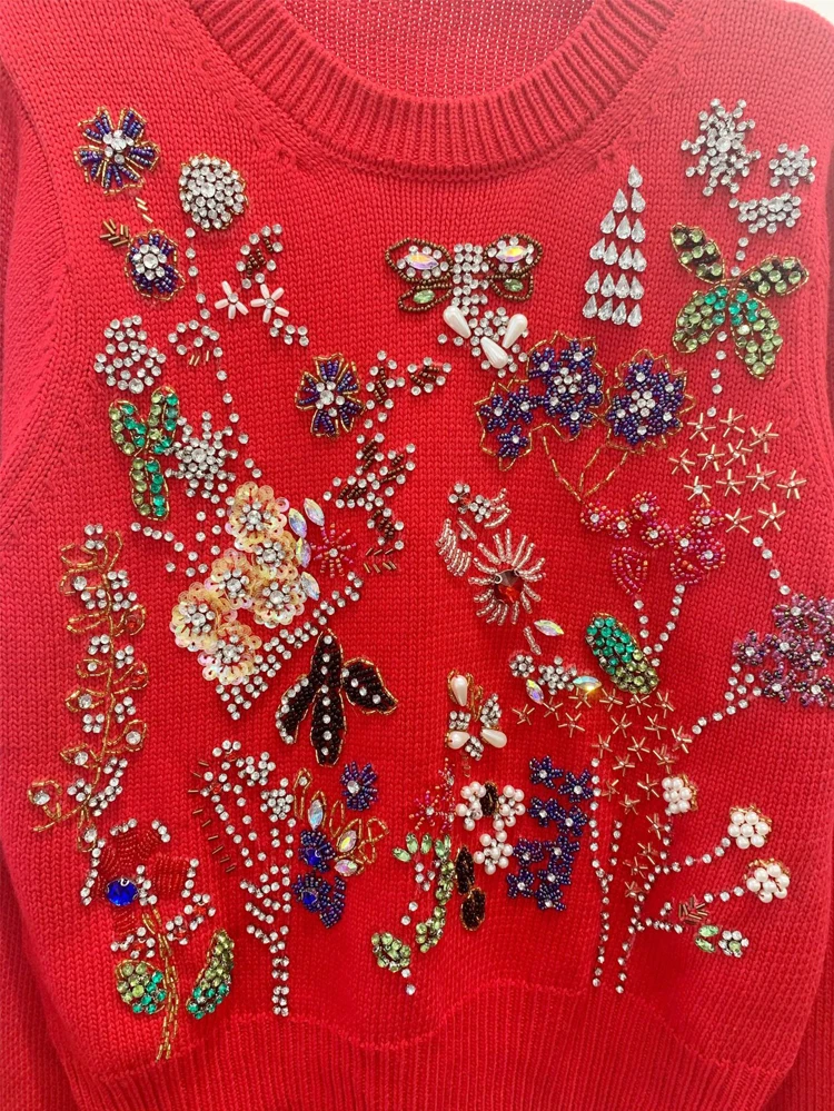 Red RoosaRosee дизайнерский женский роскошный вязаный короткий свитер с бусинами и бриллиантами, Осенний Модный Топ с длинным рукавом, женская одежда