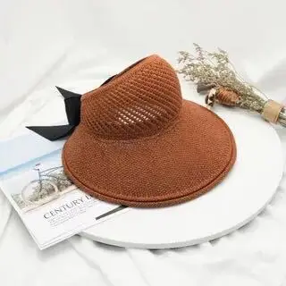 

Summer Bow Sun Hats Empty Top Hat Women UV Protction Caps Cutout Beach Hat Women Sun Cap Ribbon Knit Raffia Hat Sun Hat