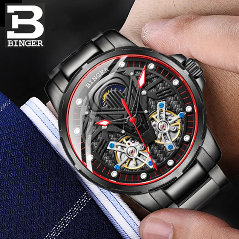 

Binger Top Brand Men Mechanical Watch Automatic Waterproof 50M Double Tourbillon Moonphase Montre Homme Diver Clock Reloj Hombre