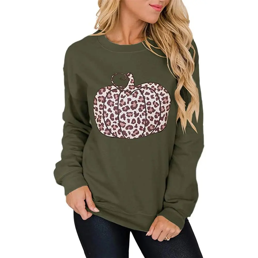 

Tops Women Hoodie Leopard Pumpkin Print Sweatshirt Halloween Casual O Neck Long Sleeve Pullover Clothing