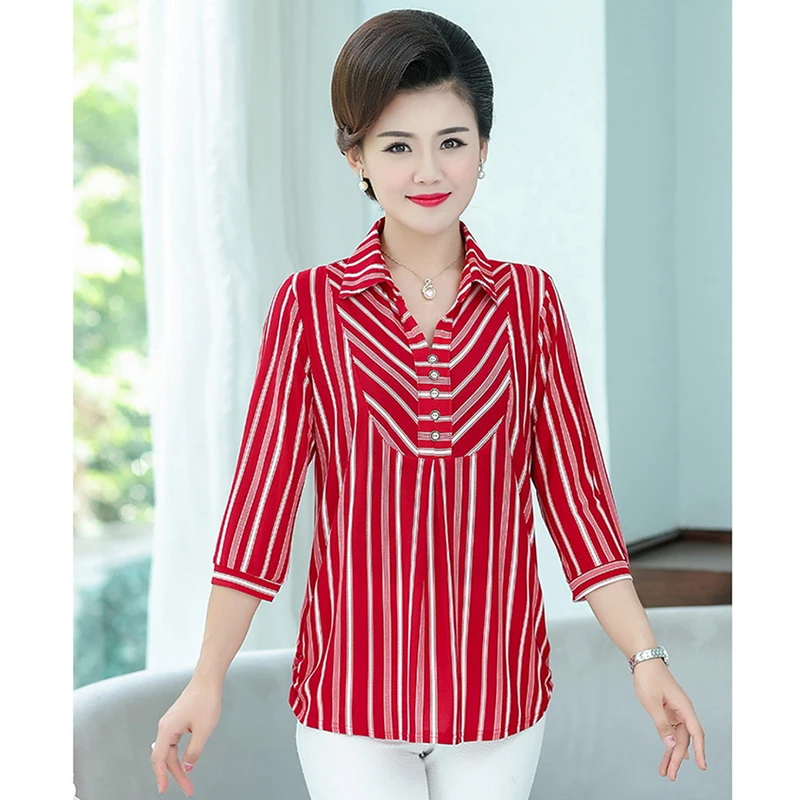 Женская полосатая блузка среднего возраста Новинка лета весны 2019 рукав три