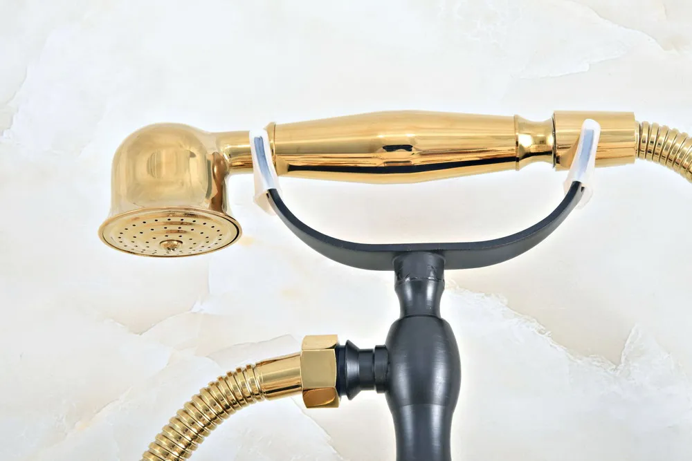 

Black Gold Color Brass Wall Mount Bathroom Tub Faucet Dual Ceramic Lever Telephone Style Hand Shower Clawfoot Tub Filler ana441