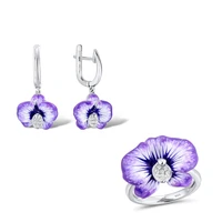 fashion women jewelry set flower petal drops earring ring set elegant purple enamel bride wedding party jewelry for female