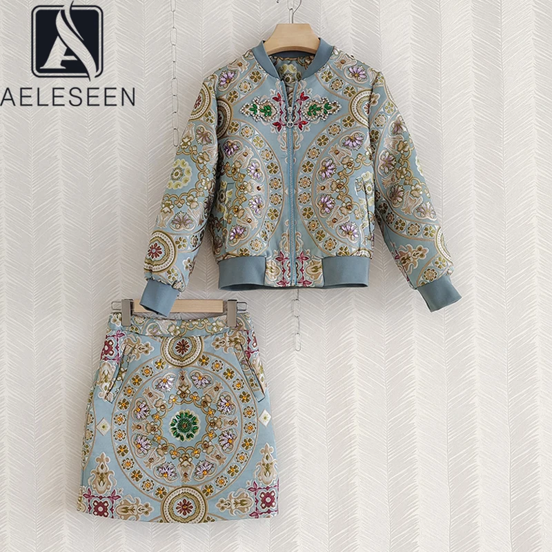 

Женский комплект из куртки и мини-юбки AELESEEN, теплая куртка, расшитая бисером, с цветочным принтом, Осень-зима 2021