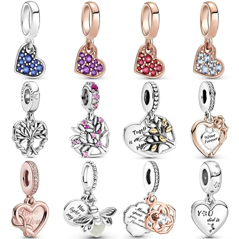 

Rose Love You Infinity Heart Pave Tilted Heart Family TreePendant Beads 925 Sterling Silver Charms Fit fashion Bracelet Jewelry