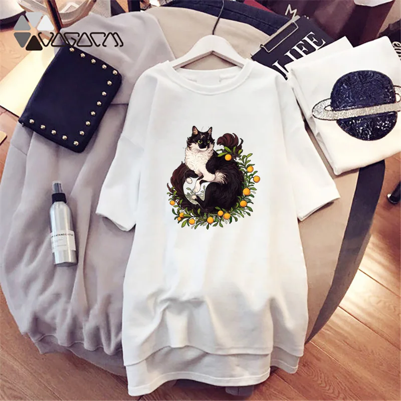 

Kawaii Cat Print Tshirt Summer Dresses Plus Size Casual Party Loose Sundress O-Neck Short Sleeve Women Harajuku Mini Dress Black