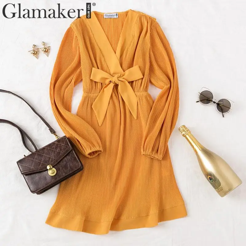 Женское шифоновое короткое платье Glamaker элегантное желтое плиссированное с v