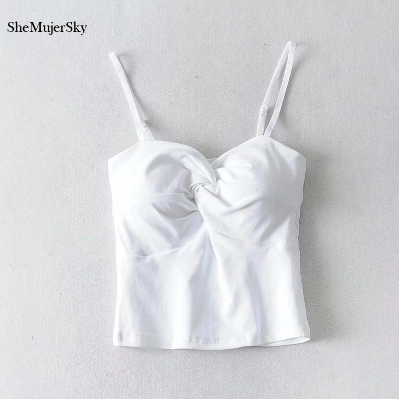 

SheMujerSky Women White Camis Top Cross Bust Spaghetti Strap Tops With Cup 2020 Summer Solid Color Casual Elastic Tops