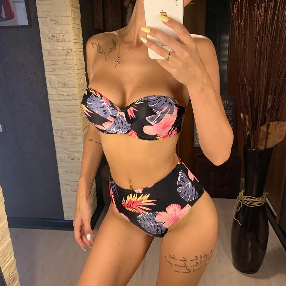 Новый Цветочный бандо женский купальный костюм с высокой талией бикини Женская
