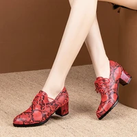 coolulu snake print lace up pumps for women mid chunky heel elegant women shoes pointed toe animal pumps ladies shoes size 32 48