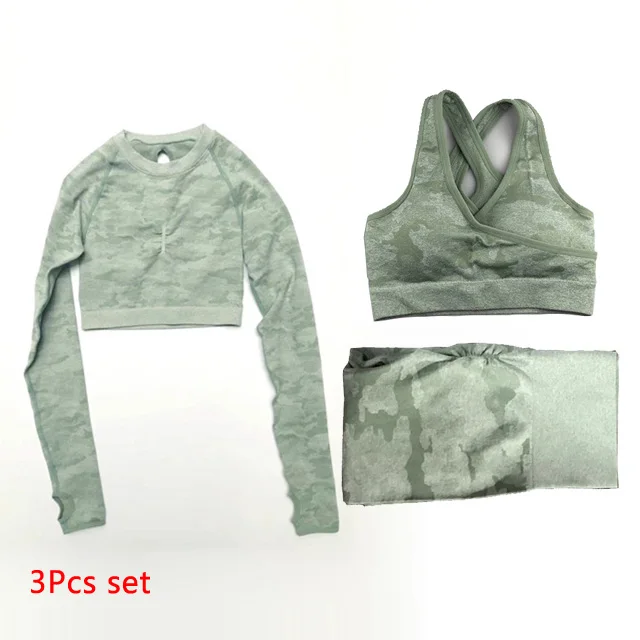 Green 3Pcs Set 3 шт., камуфляжный бесшовный комплект для йоги, женская одежда для тренировок, бюстгальтер с эффектом омбре, топы с длинными рукавами, леггинсы, спортивный комплект для фитнеса, женская спортивная одежда - Цвет: Green 3Pcs Set
