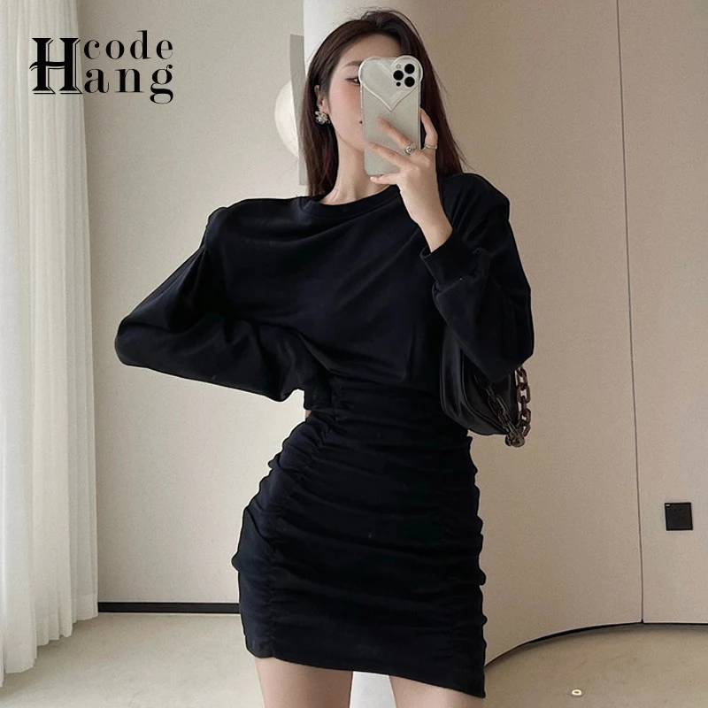 

HangCode 2021 пикантное мини-платье с длинным рукавом с рюшами Осенняя Женская модная уличная одежда рубашка платье наряды черная Y2K одежда для ве...