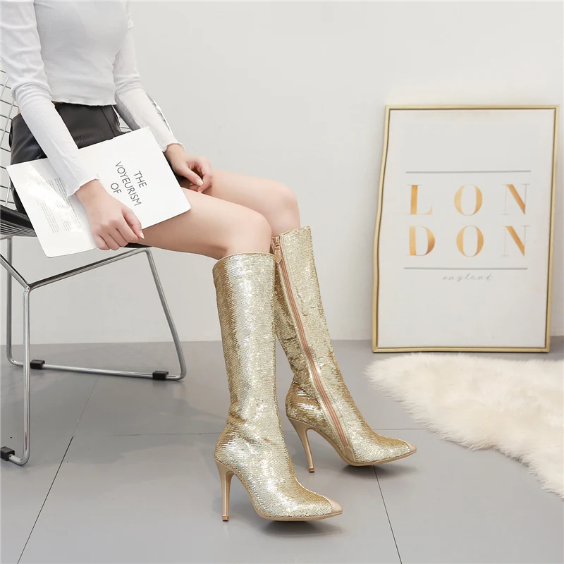 2019 женские блестящие сапоги на высоком каблуке 10 см черные позолоченные каблуки