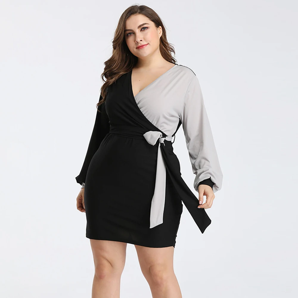 Женское платье в стиле пэчворк серое и черное с длинным рукавом Осень зима плюс