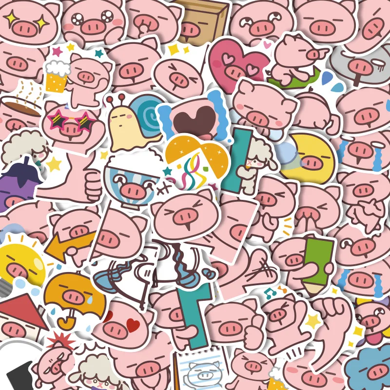

60P Kawaii Pink Cartoon Pig Stationery Sticker PG Waterproof Scrapbook Seal Creative DIY Diary Computer Suitcase Deco Supplies