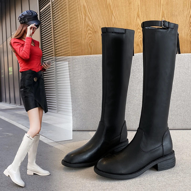 

Women Pu Leather Knee High Platform Boots 2021 New Square Heel Long Chelsea Boots Woman Casual Zipper Autumn Booties