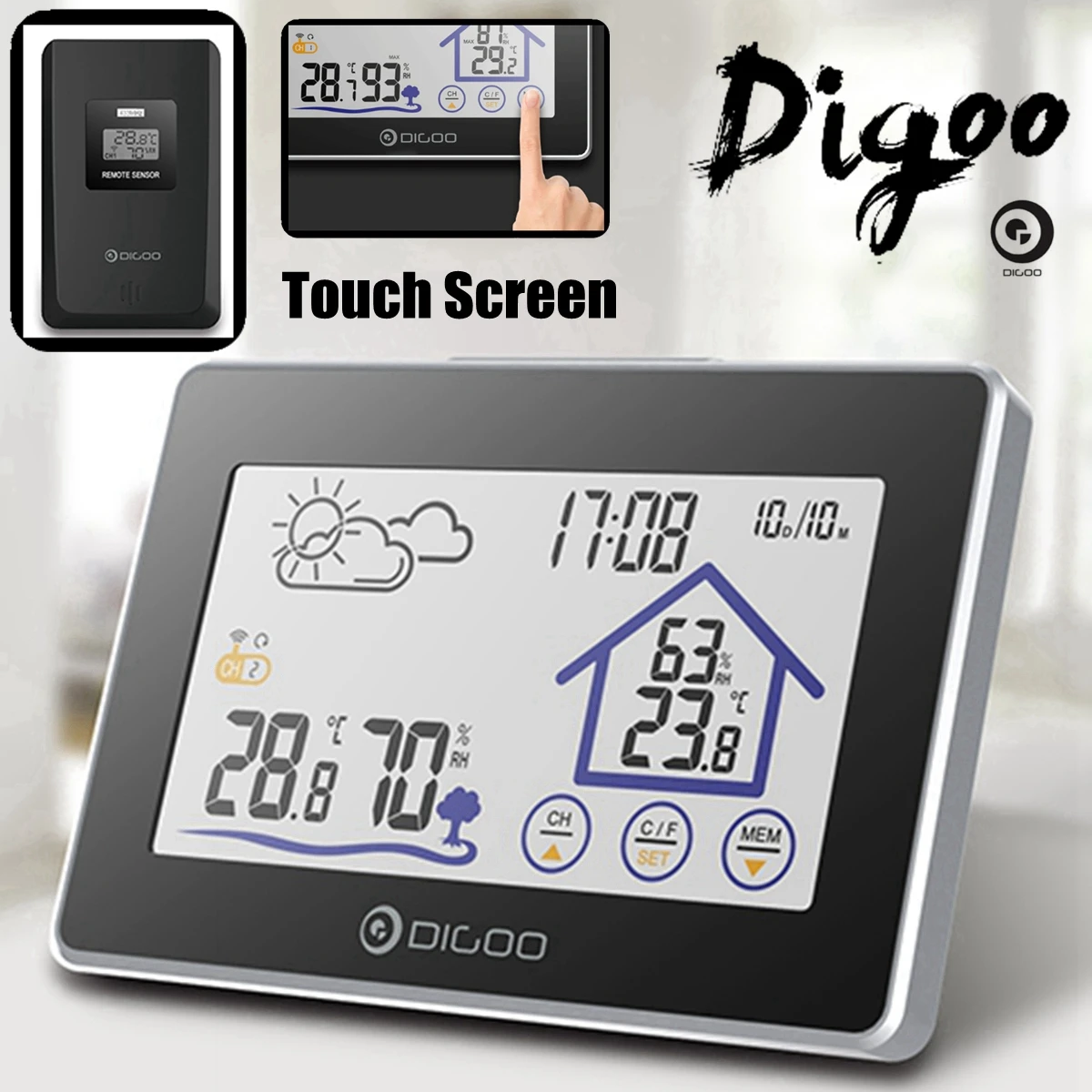 Digoo DG-TH8380 цветной экран Метеостанция Крытый Открытый датчик термометр гигрометр Измеритель погоды датчик 3CH
