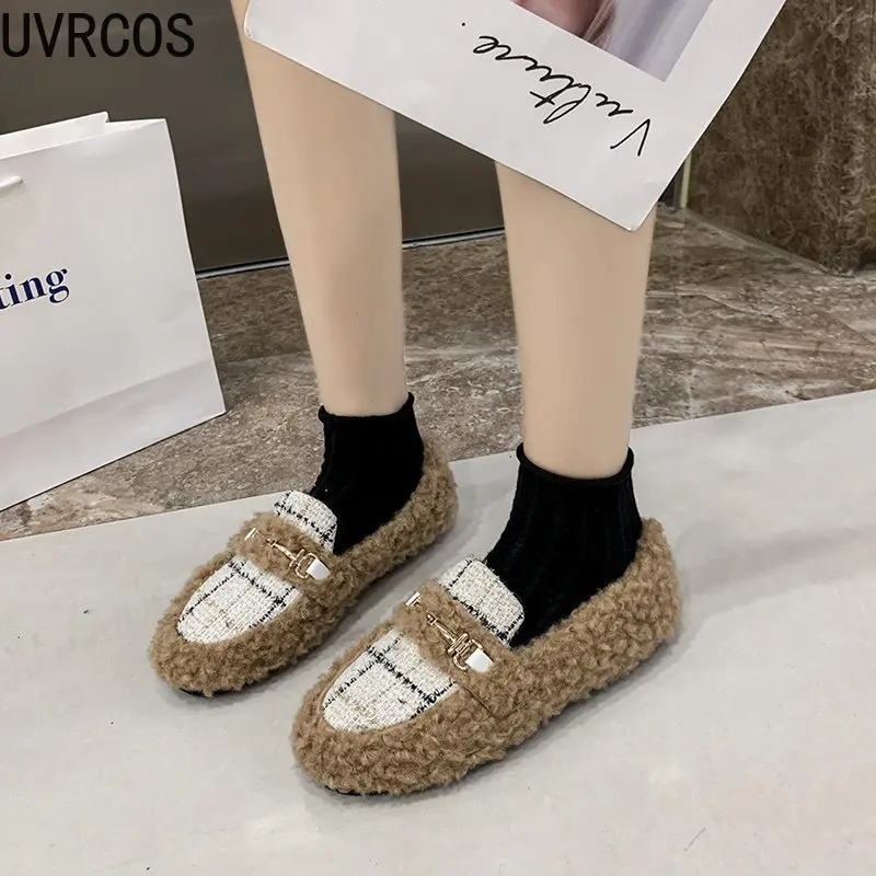 

Winter Plus Velvet Women's Single Shoes Fashion All-match Vamp Buckle Design Furry Warmth Outer Wear Women's Cotton Shoes 2021
