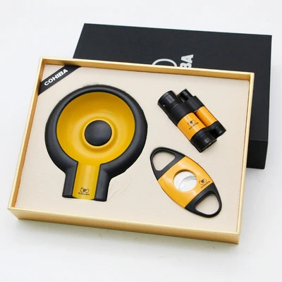 Цвет: желтый COHIBA элегантный сигарный костюм с пепельницей и сигары резак ножницы и прикуриватель для дома путешествия подарочный набор сигар - Цвет: Цвет: желтый