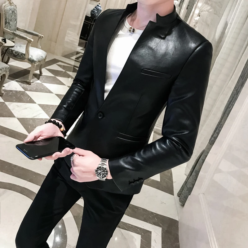 

Solid Black Slim Fit Blazer Hombre PU Leather Jacket Men One Button Business Casual Prom Blazers For Men Korean Suit Coat