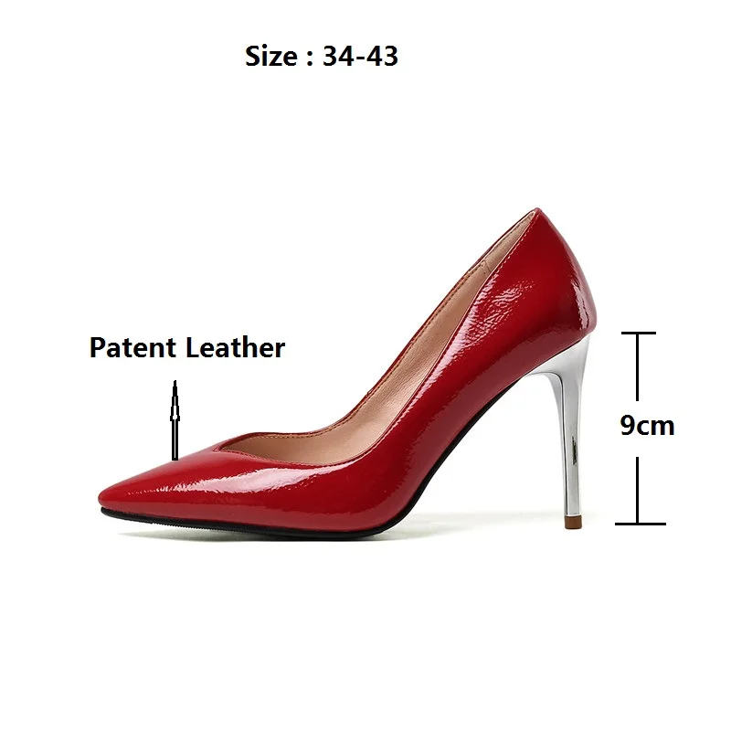

Sexy PU Patent Leather Stiletto Heels Shoes Pumps for Women Ladies Big Plus Size 43 Shallow Slip-on Shoes Party Nude Red Heels