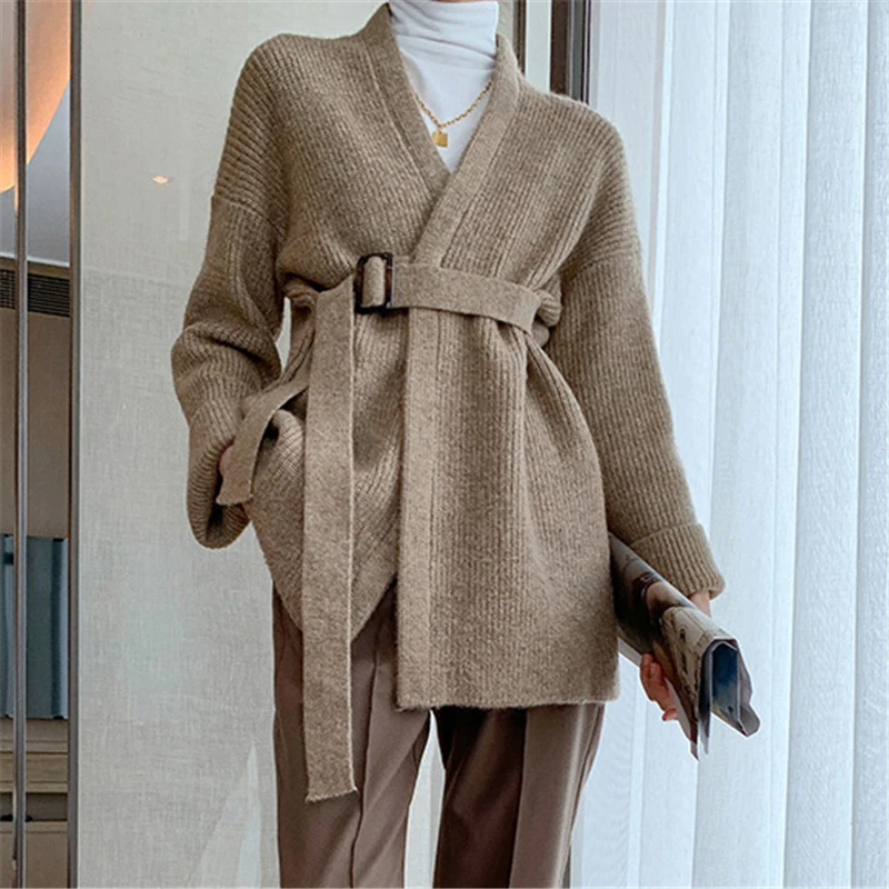 

Корейский вязаный кардиган большого размера с поясом, Женский винтажный Повседневный Свободный вязаный женский свитер, топ, мягкое пальто ...