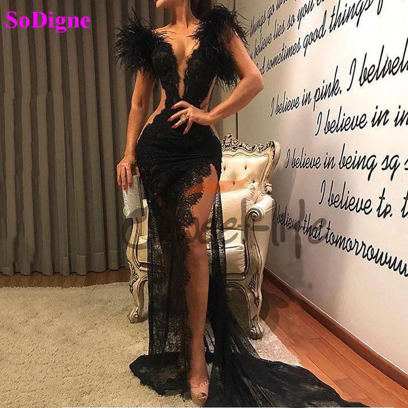

SoDigne Lace Black Prom Dresses High Side Split Evening Gowns 2021 Sexy V Neck Feather Formal Party Dress Women