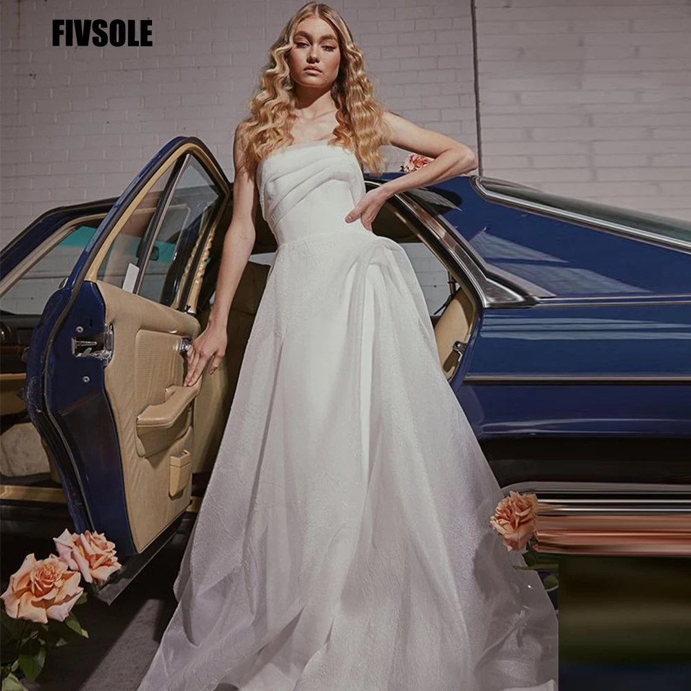 

Fivsole White Tulle Vintage Wedding Dresses Strapless With Bow Back Princess Bridal Dress Boho Wedding Gowns Robe De Mariée
