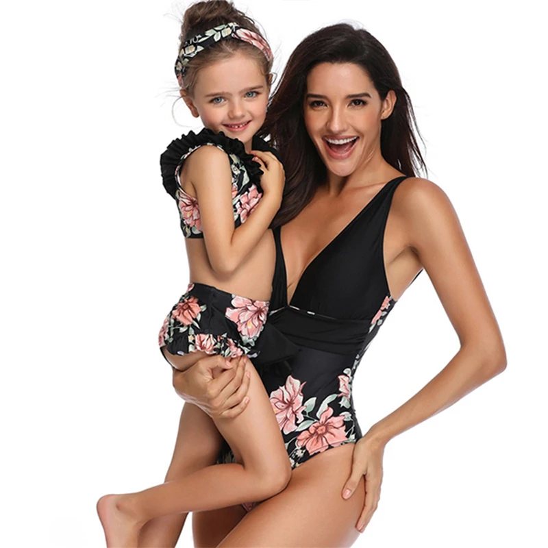 

2021 Women's Bikini Black Printed Vest Backless Mother and Daughter Parent-Child Swimsuit Set