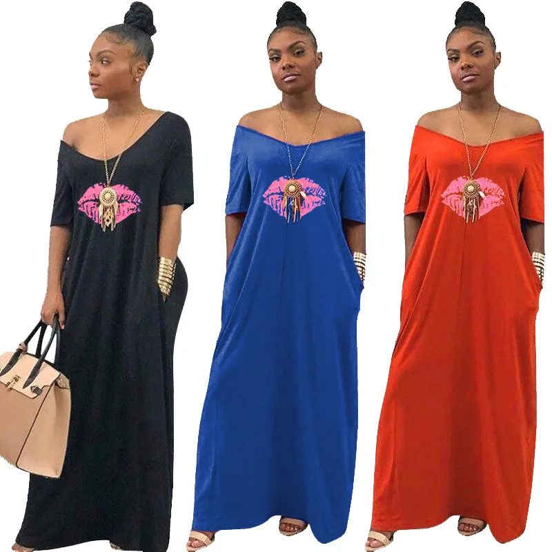 2019 женское сексуальное летнее платье Бохо Плюс Размер губы печати свободные