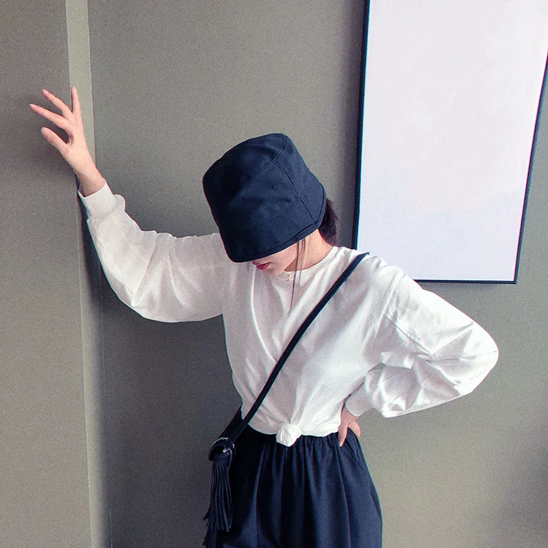 

Женская Однотонная футболка с длинными рукавами-фонариками, свободная Универсальная футболка в Корейском стиле с круглым вырезом, весна-ос...