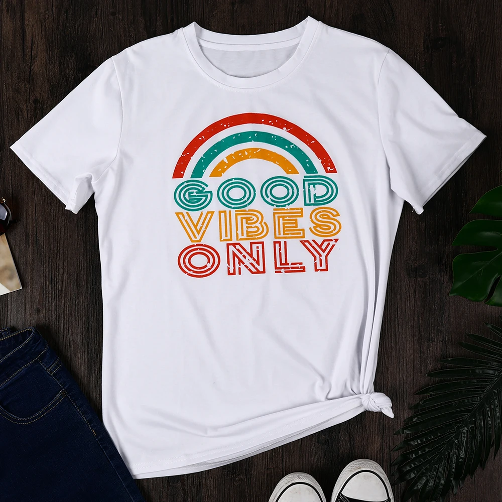Эстетическая Радужная футболка с короткими рукавами и принтом Good Vibes Женская