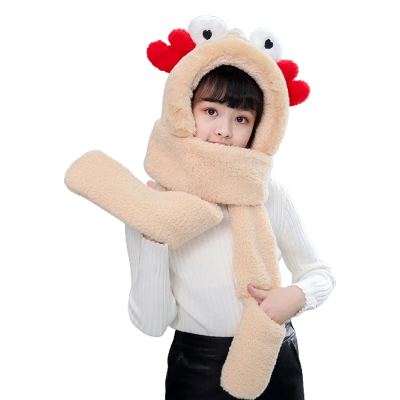 

Kids Winter Warm 3 In 1 Faux Fleece Hooded Scarf Hat Gloves Set Cute 3D Crab Ears Legs Thermal Earflap Cap Neck Warmer